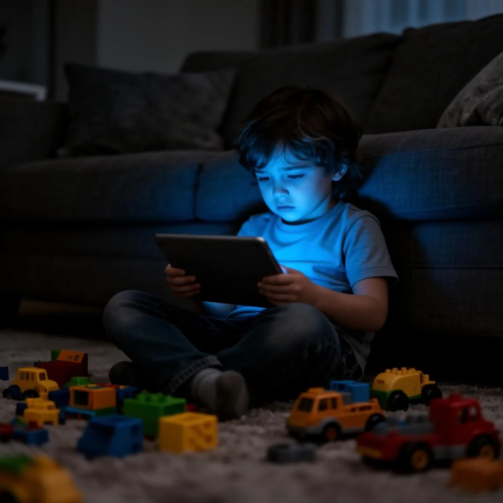 Criança triste isolada com tablet no escuro